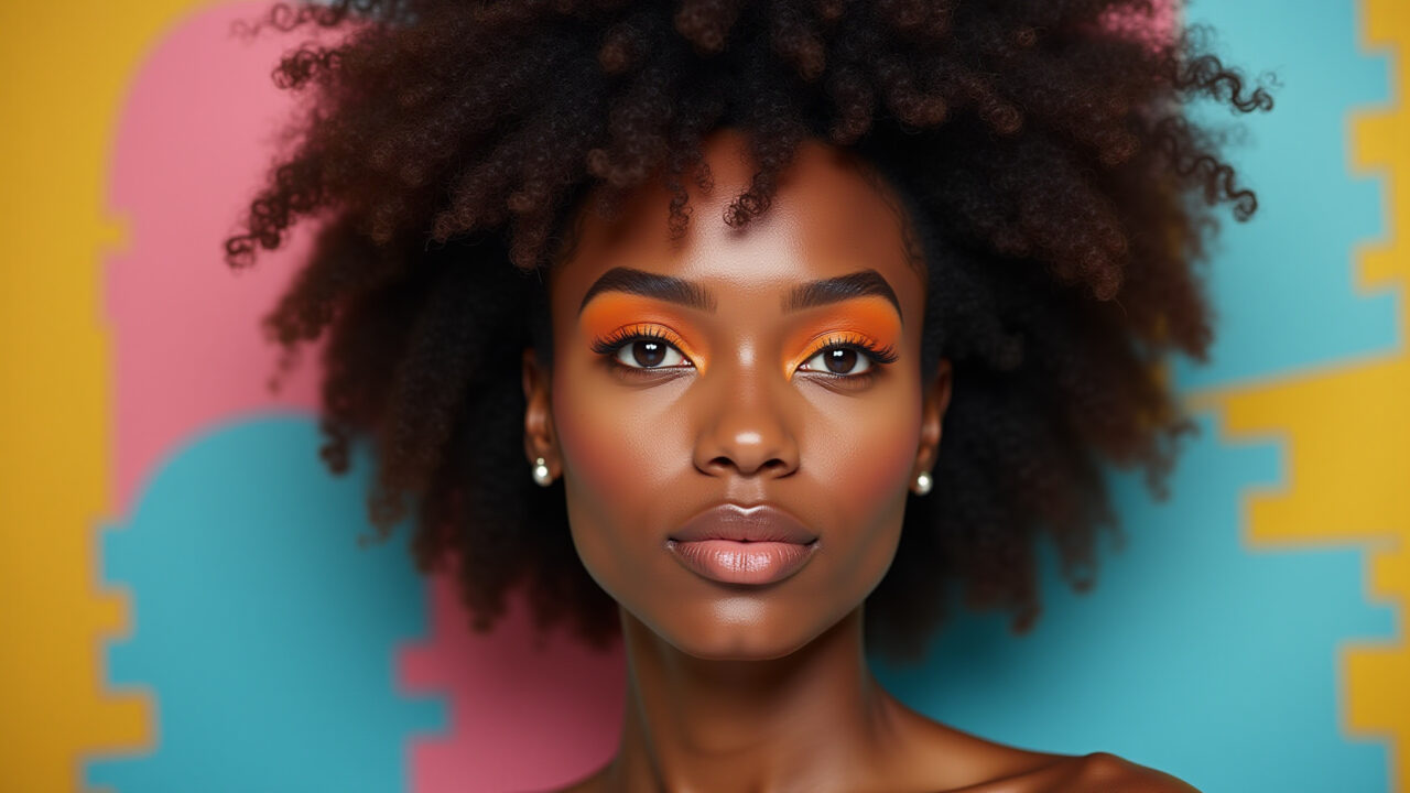 Delineado laranja criativo em uma mulher brasileira.