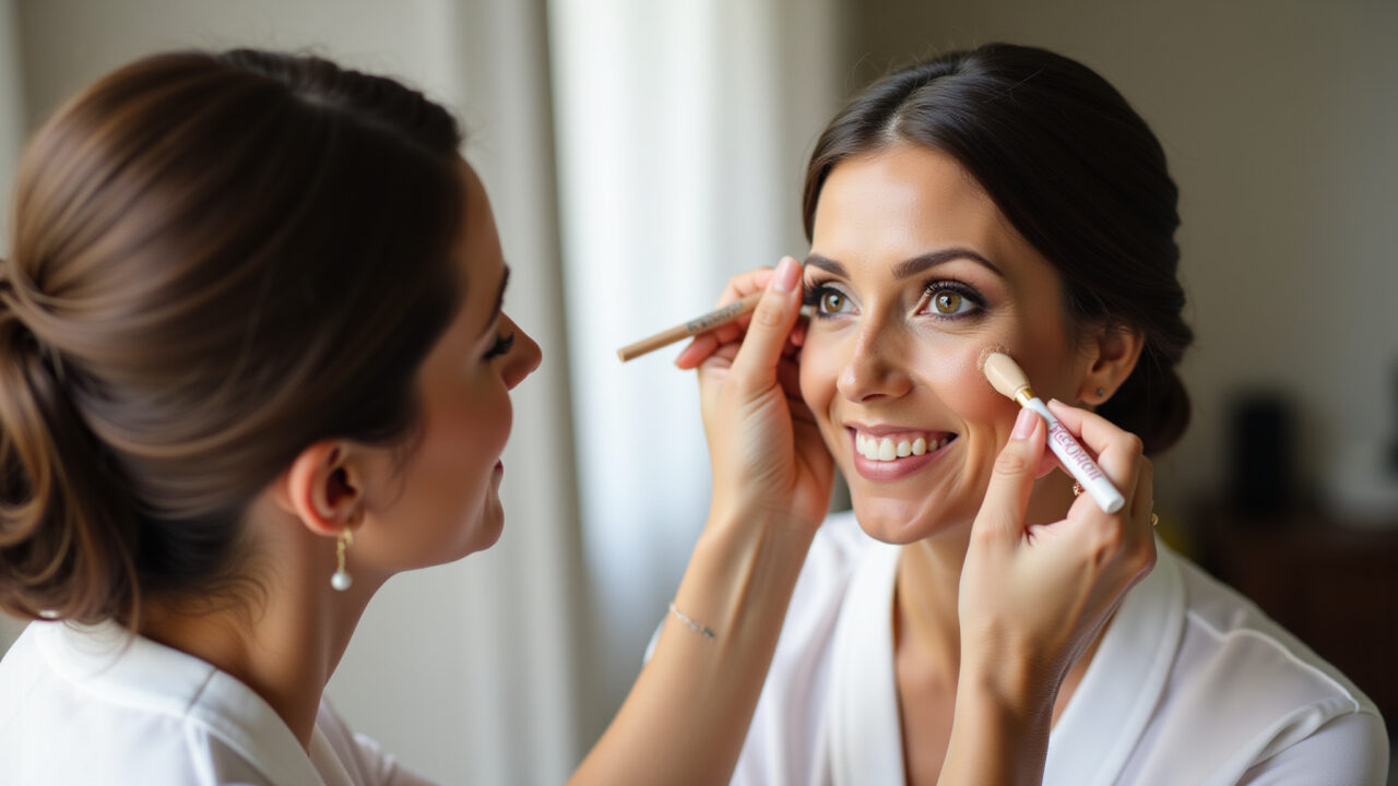 Professional photography of a bride applying concealer to hide imperfections for daytime civil Aplicação de corretivo para maquiagem de casamento civil.