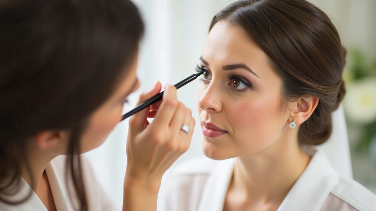 Professional photography of a bride applying delicate eyeliner for daytime civil wedding makeup, Aplicação de delineador delicado para maquiagem de casamento civil.