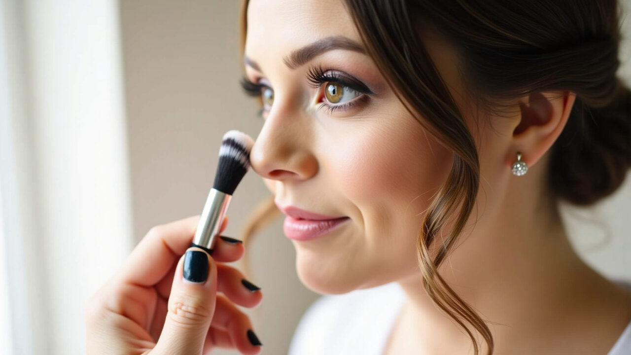 Professional photography of a bride applying highlighter for daytime civil wedding makeup, soft Aplicação de iluminador para maquiagem de casamento civil.