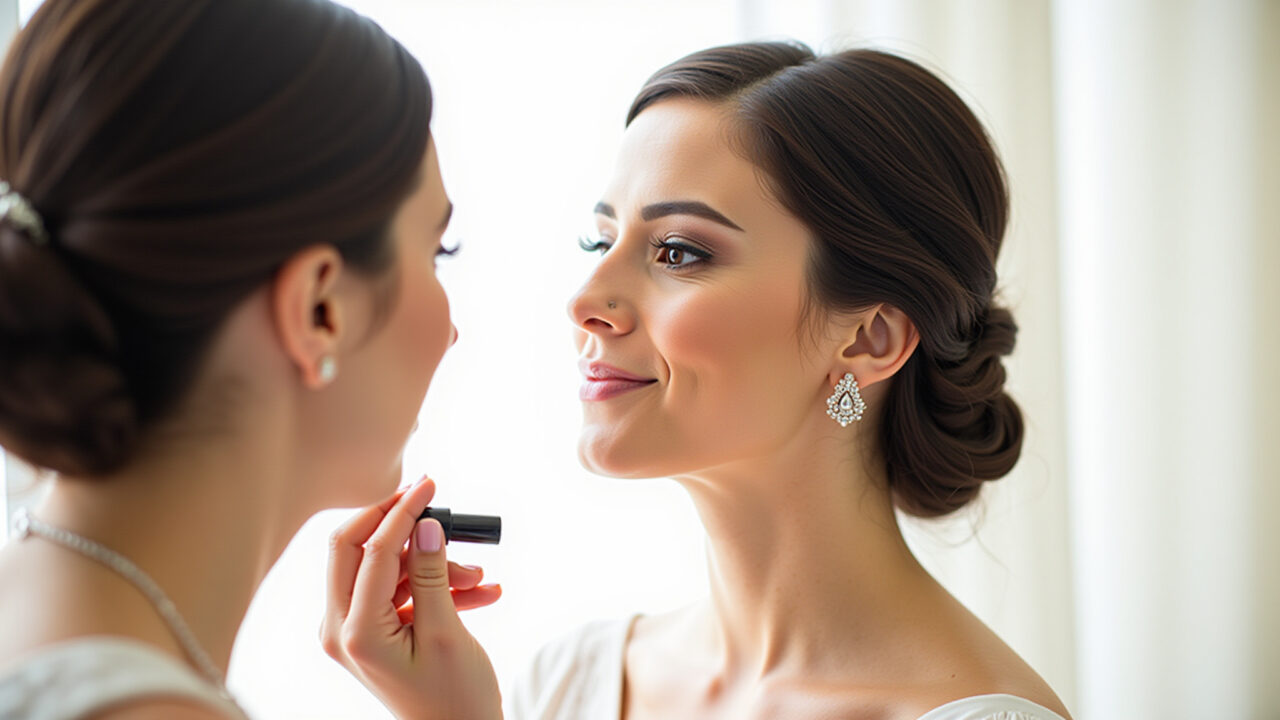 Professional photography of a bride applying light foundation for daytime civil wedding makeup, Aplicação de base leve para maquiagem de casamento civil.