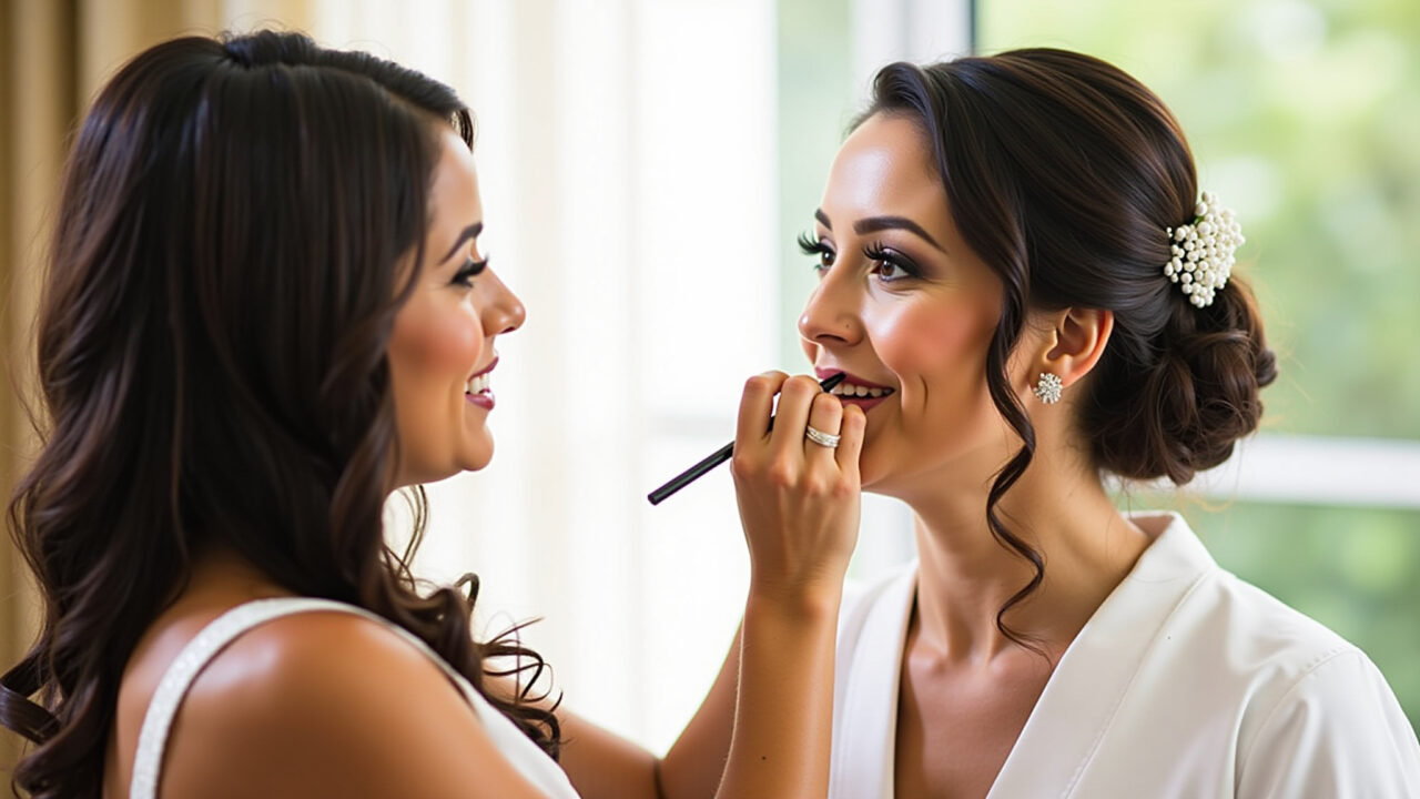 Professional photography of a bride applying lip liner, precise application, natural light, 8K Noiva aplicando lápis labial para contorno perfeito.