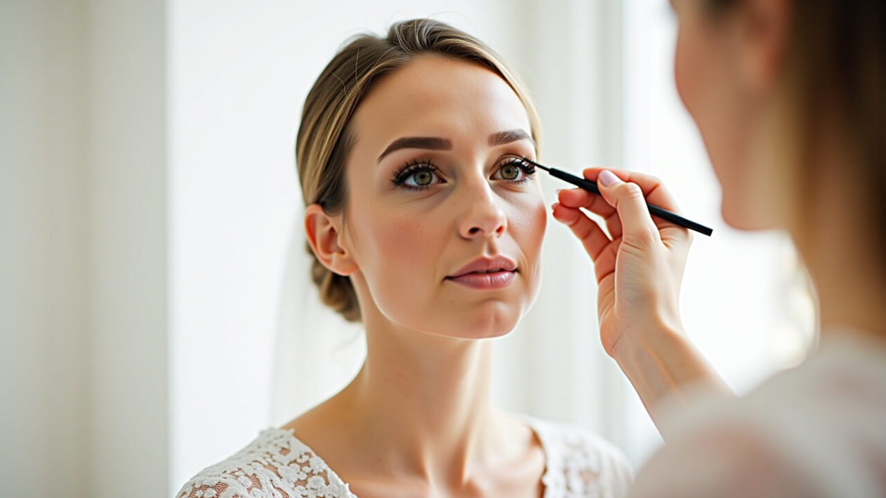Professional photography of a bride applying neutral eyeshadow for daytime civil wedding makeup, Aplicação de sombra neutra para maquiagem de casamento civil.