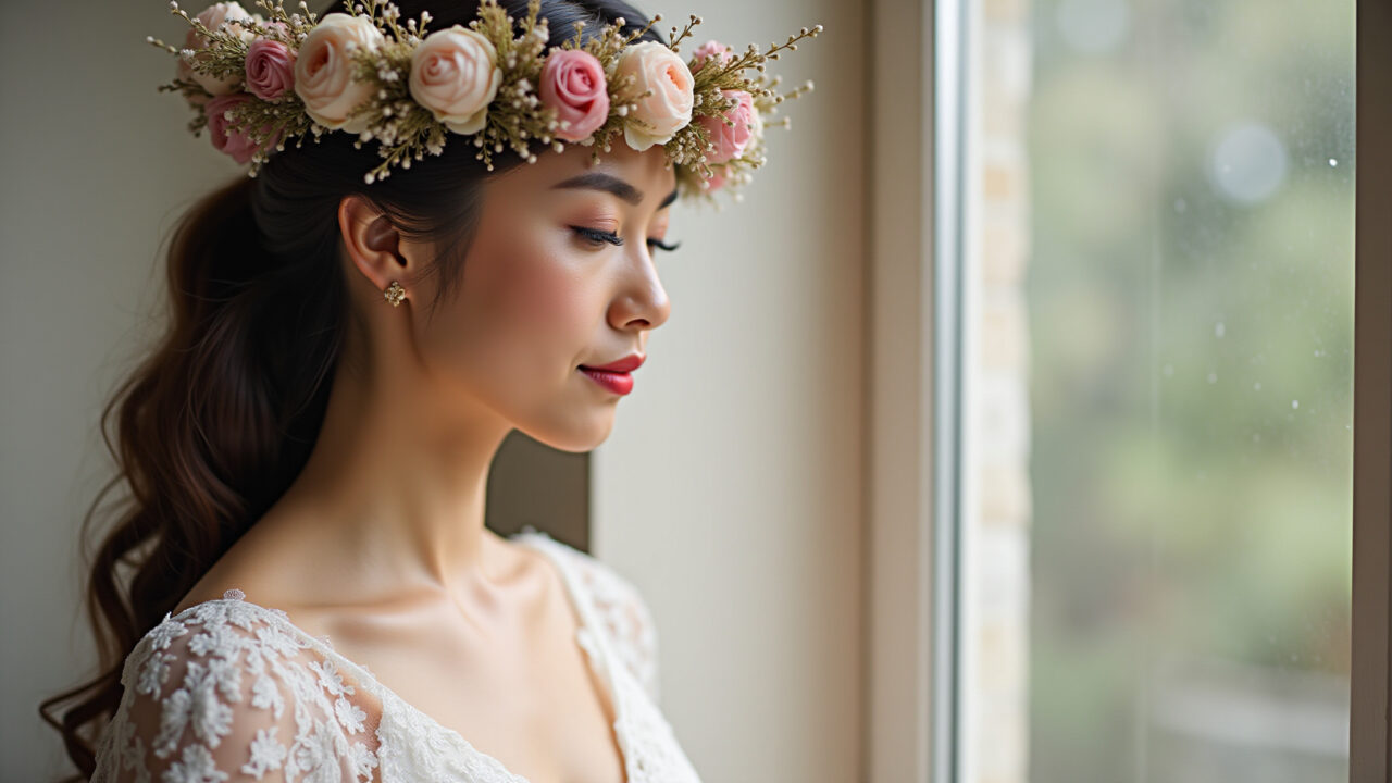 Professional photography of a bride wearing a dried flower crown, minimalist style, natural Noiva com coroa de flores secas em tons neutros.