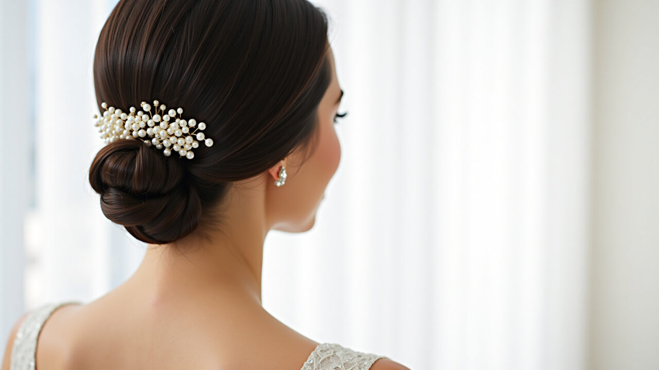 Professional photography of a bride wearing a minimalist pearl hair clip, elegant updo, natural Noiva com presilha minimalista de pérolas no cabelo.