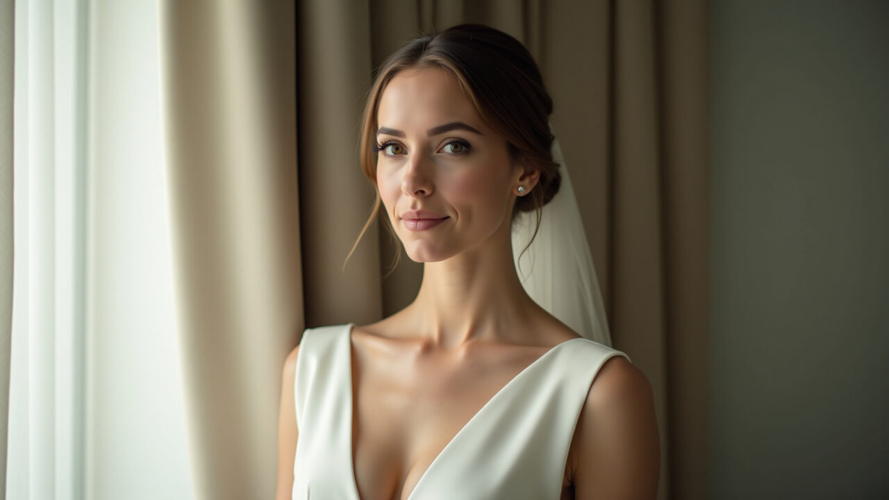 Professional photography of a bride wearing a minimalist voilette, vintage style, natural lighting, Noiva com voilette minimalista cobrindo parte do rosto.