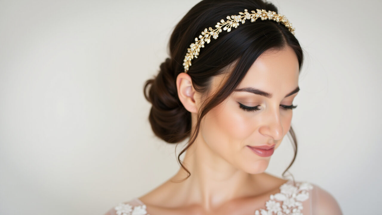 Professional photography of a bride wearing a thin headband with gold details, minimalist style, Noiva com headband fina com detalhes em metal dourado.
