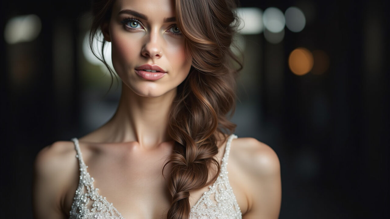 Professional photography of a bride with a bold side braid and loose hair, modern dress, urban Noiva com trança unilateral e cabelo solto em casamento urbano.