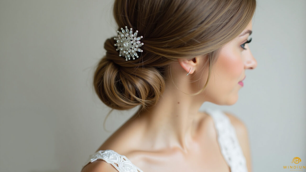 Professional photography of a bride with a delicate vintage brooch in her hair, minimalist style, Noiva com broche vintage delicado no cabelo.