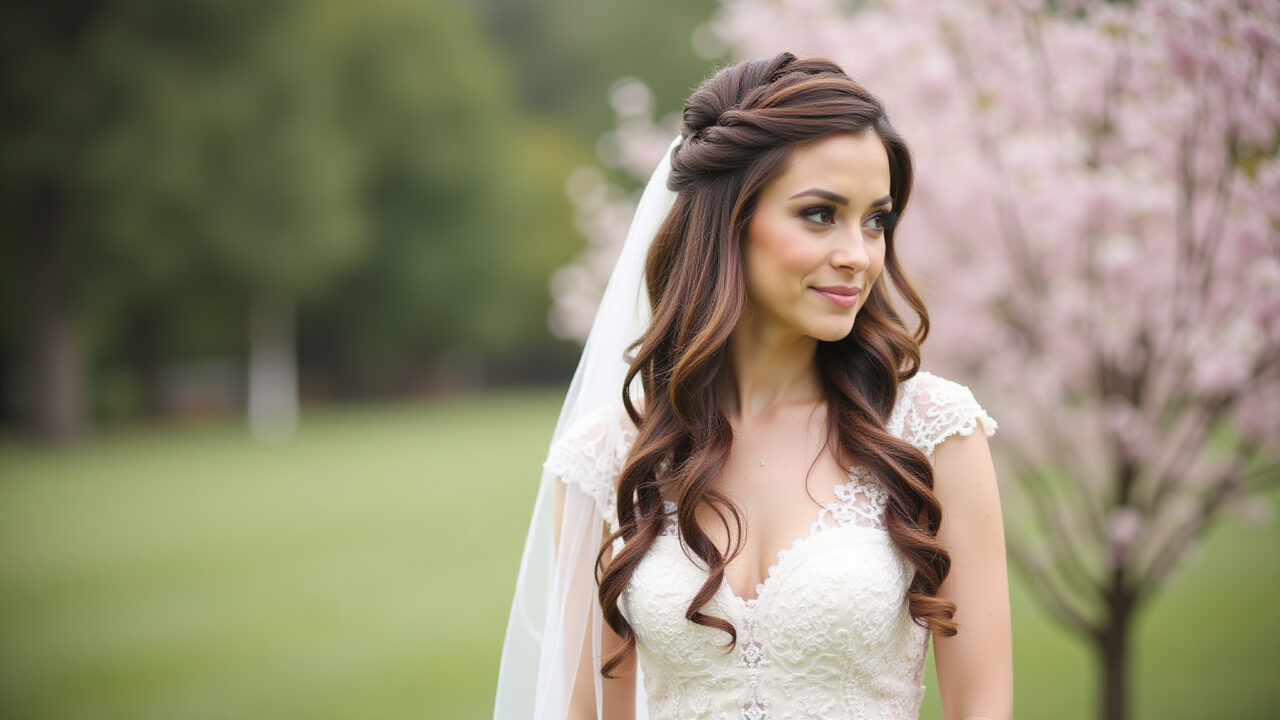 Professional photography of a bride with a flowing waterfall braid hairstyle, lace dress, outdoor Noiva com trança cascata e vestido de renda em casamento ao ar livre.