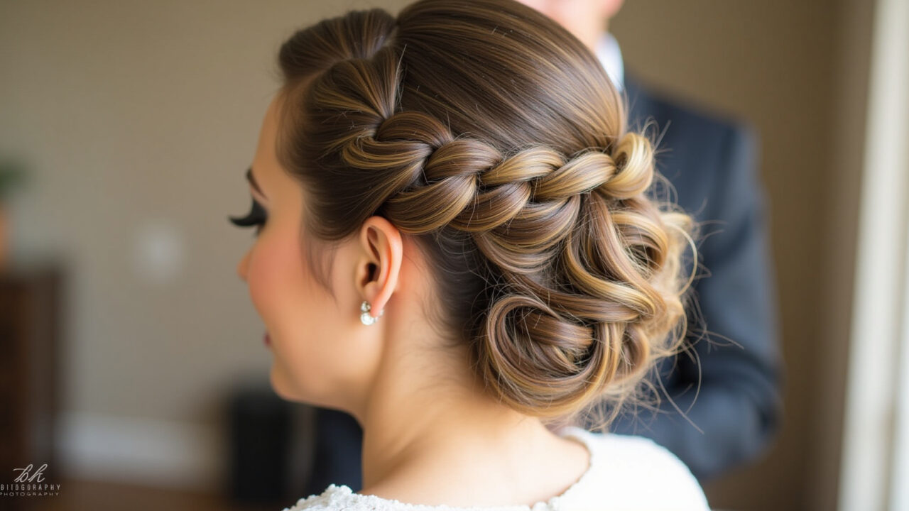 Professional photography of a bride with a modern fishtail braid hairstyle, bold makeup, rustic Noiva com trança espinha de peixe em casamento rústico.