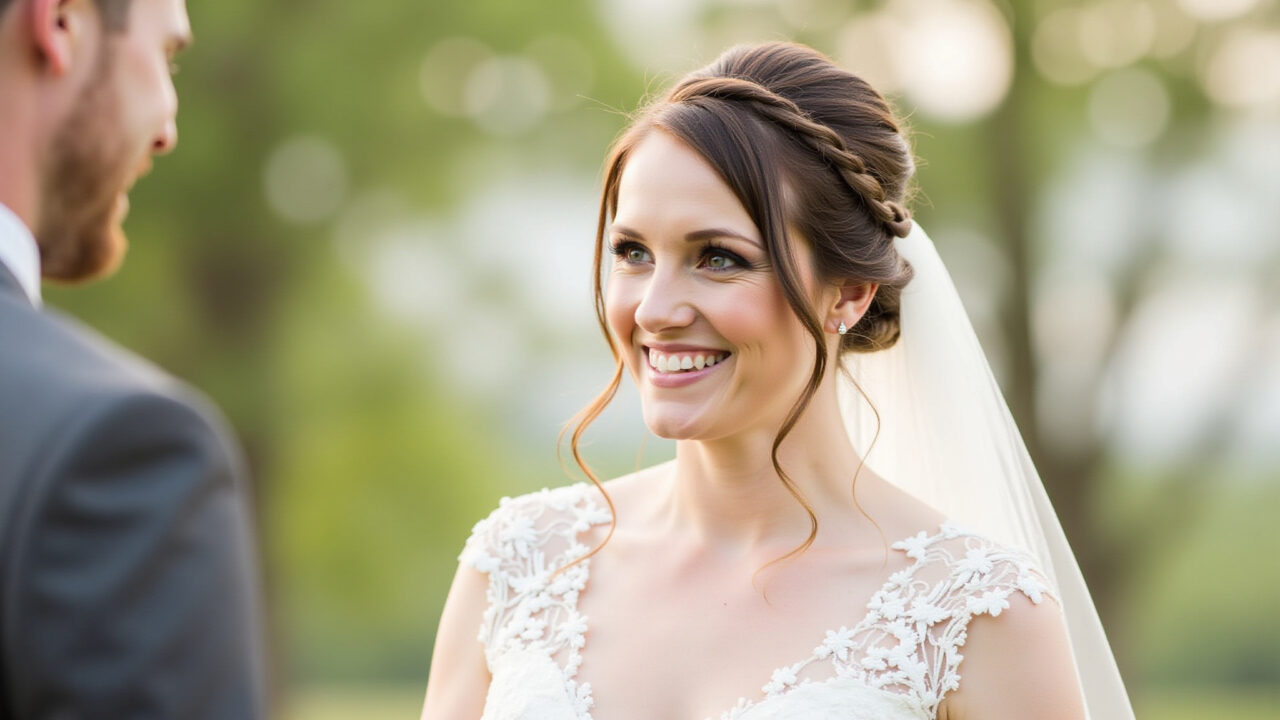 Professional photography of a bride with a relaxed side braid hairstyle, natural makeup, soft Noiva com trança lateral despojada em casamento ao ar livre.