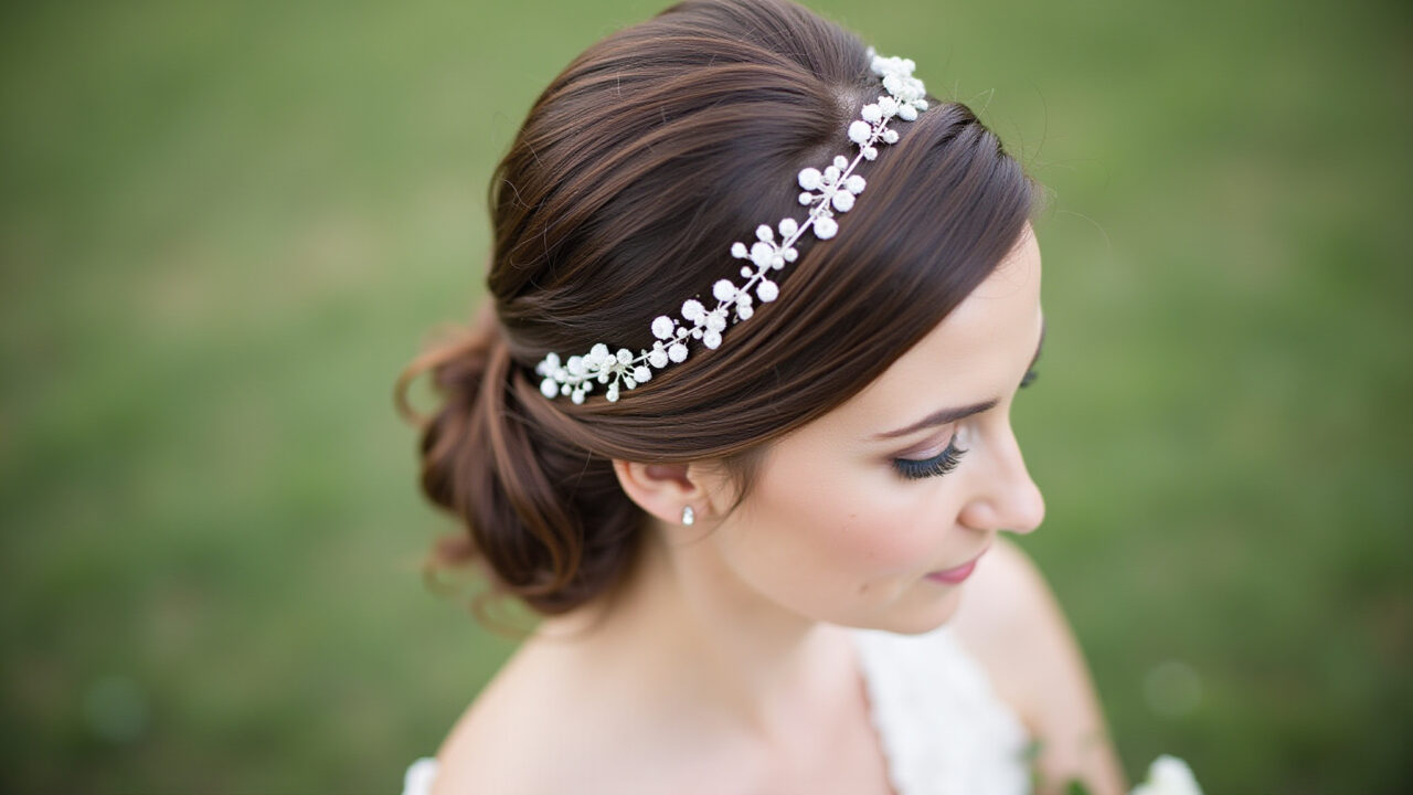 Professional photography of a bride with a romantic tiara braid hairstyle, delicate flowers, Noiva com trança tiara e flores em casamento diurno.