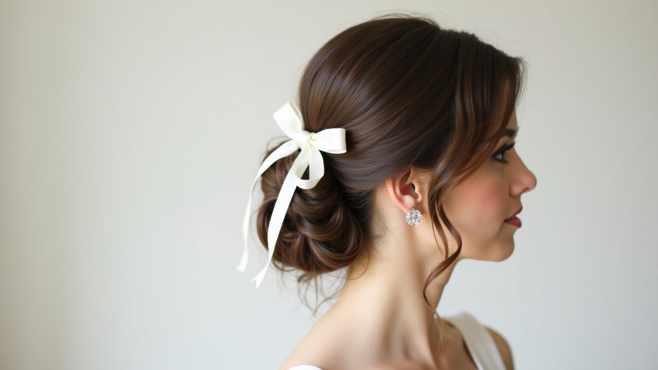 Professional photography of a bride with a satin ribbon tied in her hair, minimalist style, natural Noiva com laço de cetim amarrado no cabelo.