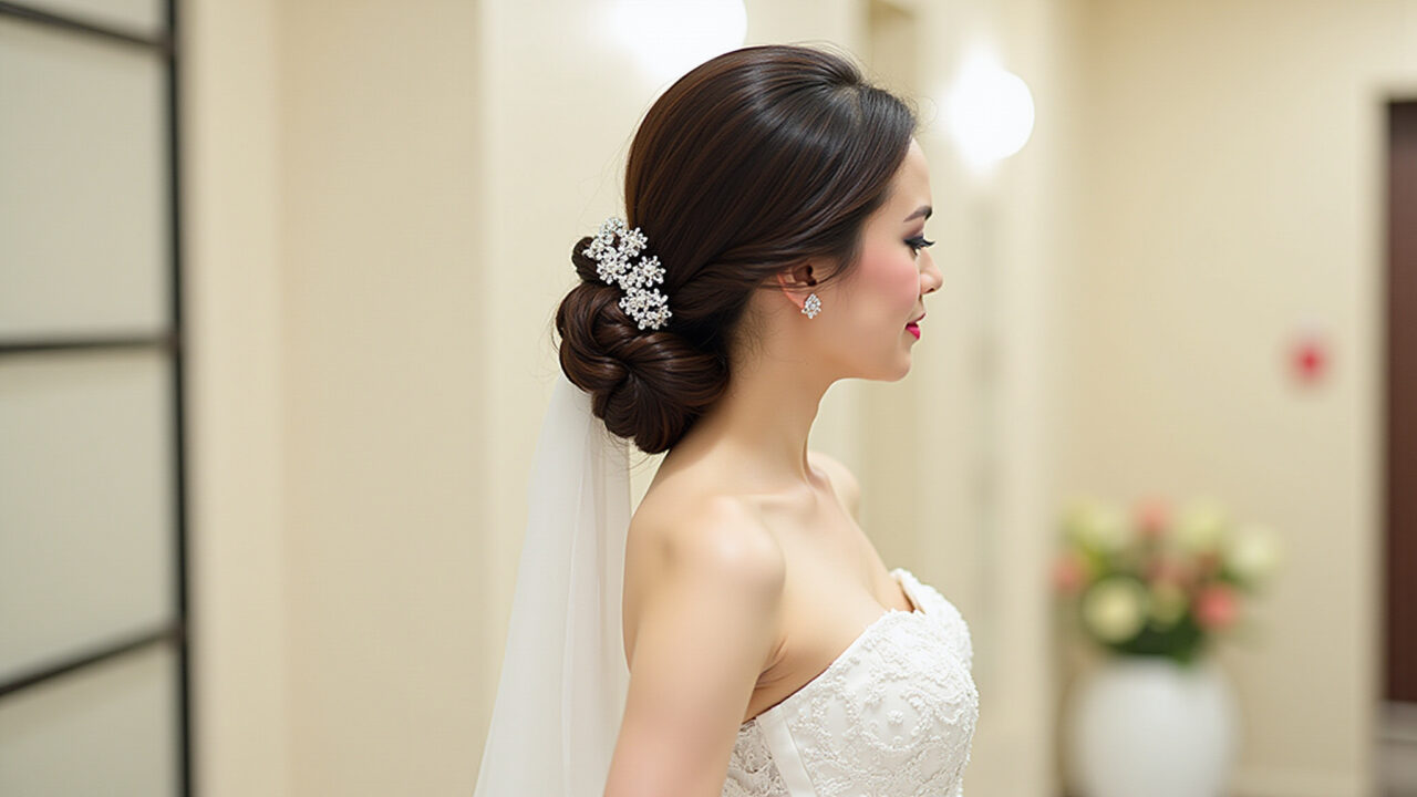 Professional photography of a bride with a sleek ponytail and braided detail, elegant dress, indoor Noiva com rabo de cavalo e trança em casamento elegante.