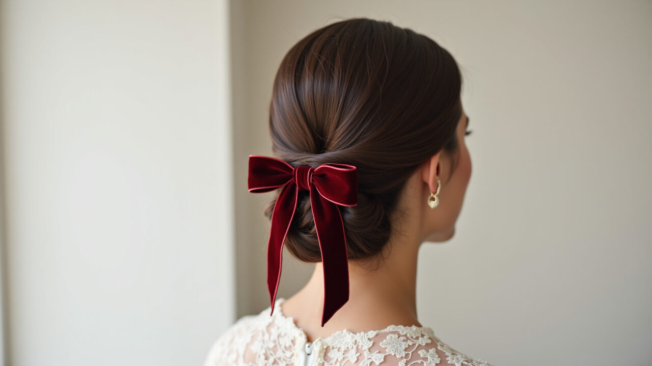 Professional photography of a bride with a velvet ribbon tied in her hair, minimalist style, Noiva com fita de veludo amarrada no cabelo.
