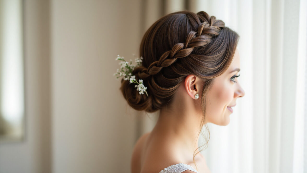 Professional photography of a bride with a waterfall braid, elegant and modern, natural lighting, Noiva com trança cascata.