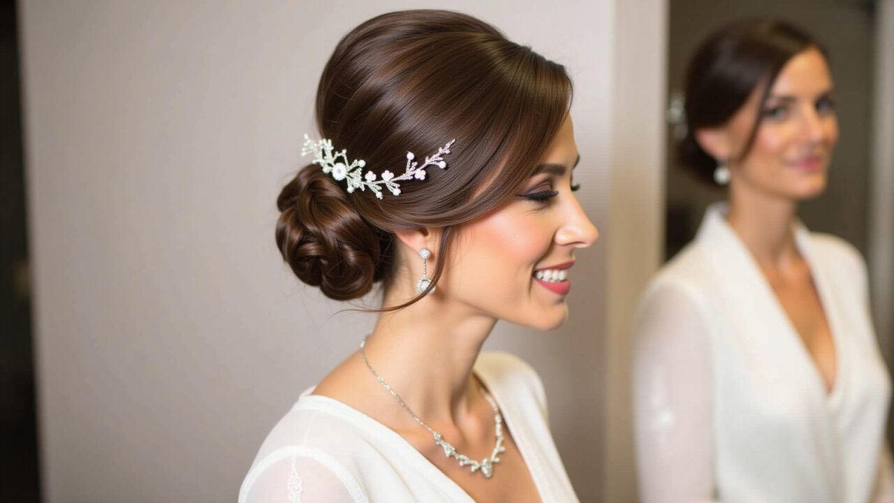 Professional photography of a bride with an elegant updo featuring an embedded braid, sophisticated Noiva com coque e trança embutida em casamento noturno.