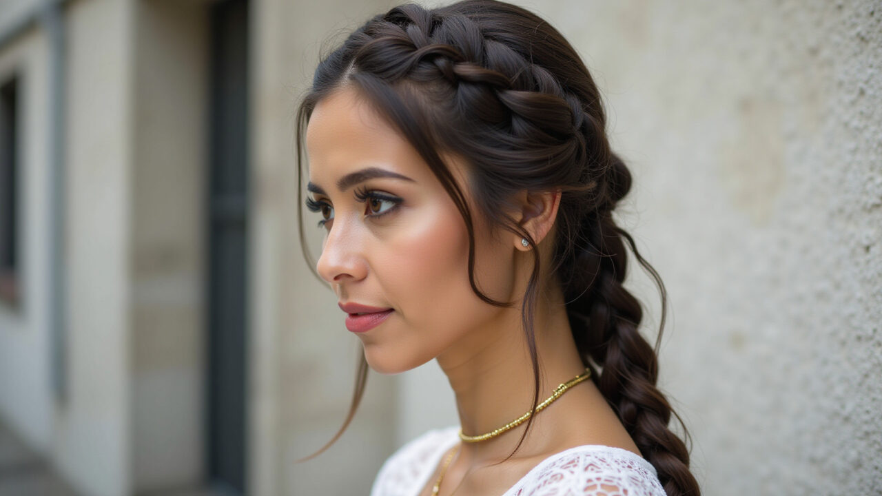 Professional photography of a bride with boxer braids, stylish and bold, natural lighting, sharp Noiva com trança boxeadora.