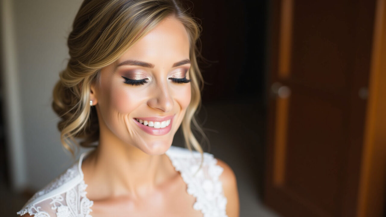 Professional photography of a bride with champagne eyeshadow, subtle eyeliner, natural eyelashes, Olhos da noiva com sombra champagne e delineado sutil.