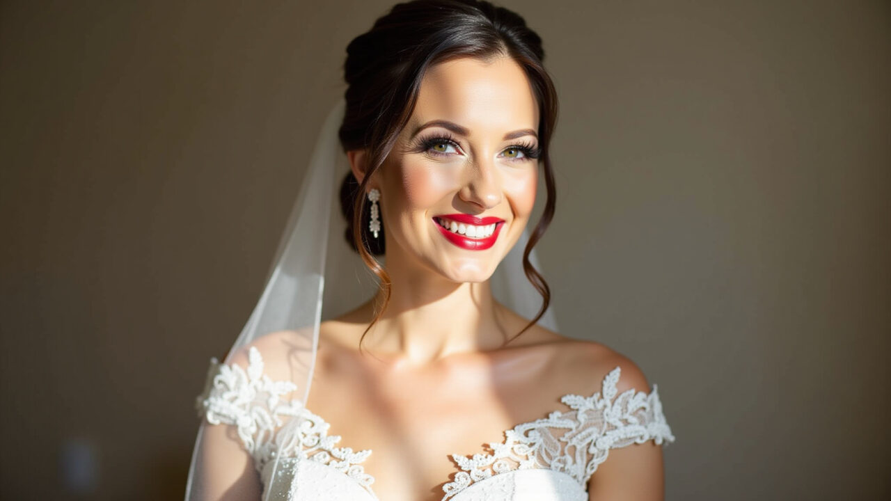 Professional photography of a bride with classic red lipstick, smiling, natural light, elegant Noiva sorrindo com batom vermelho clássico.