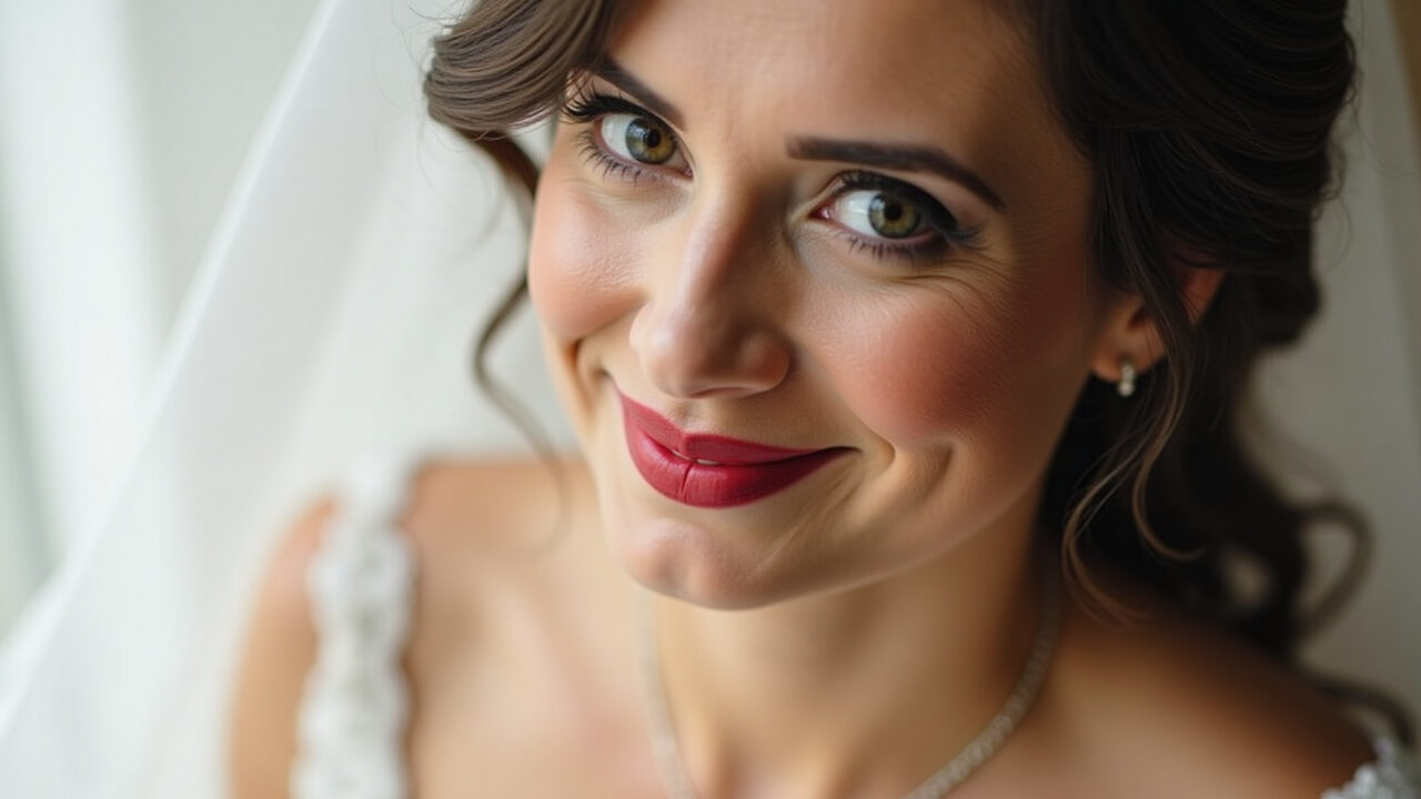 Professional photography of a bride with classic red lipstick, timeless beauty, natural light, 8K Noiva com batom vermelho clássico para uma beleza atemporal.