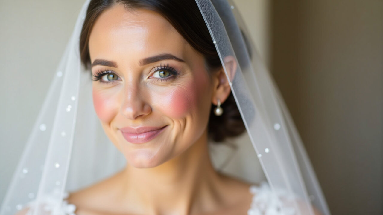 Professional photography of a bride with creamy blush on her cheeks, natural makeup, soft lighting, Noiva com blush cremoso nas bochechas para um ar saudável.