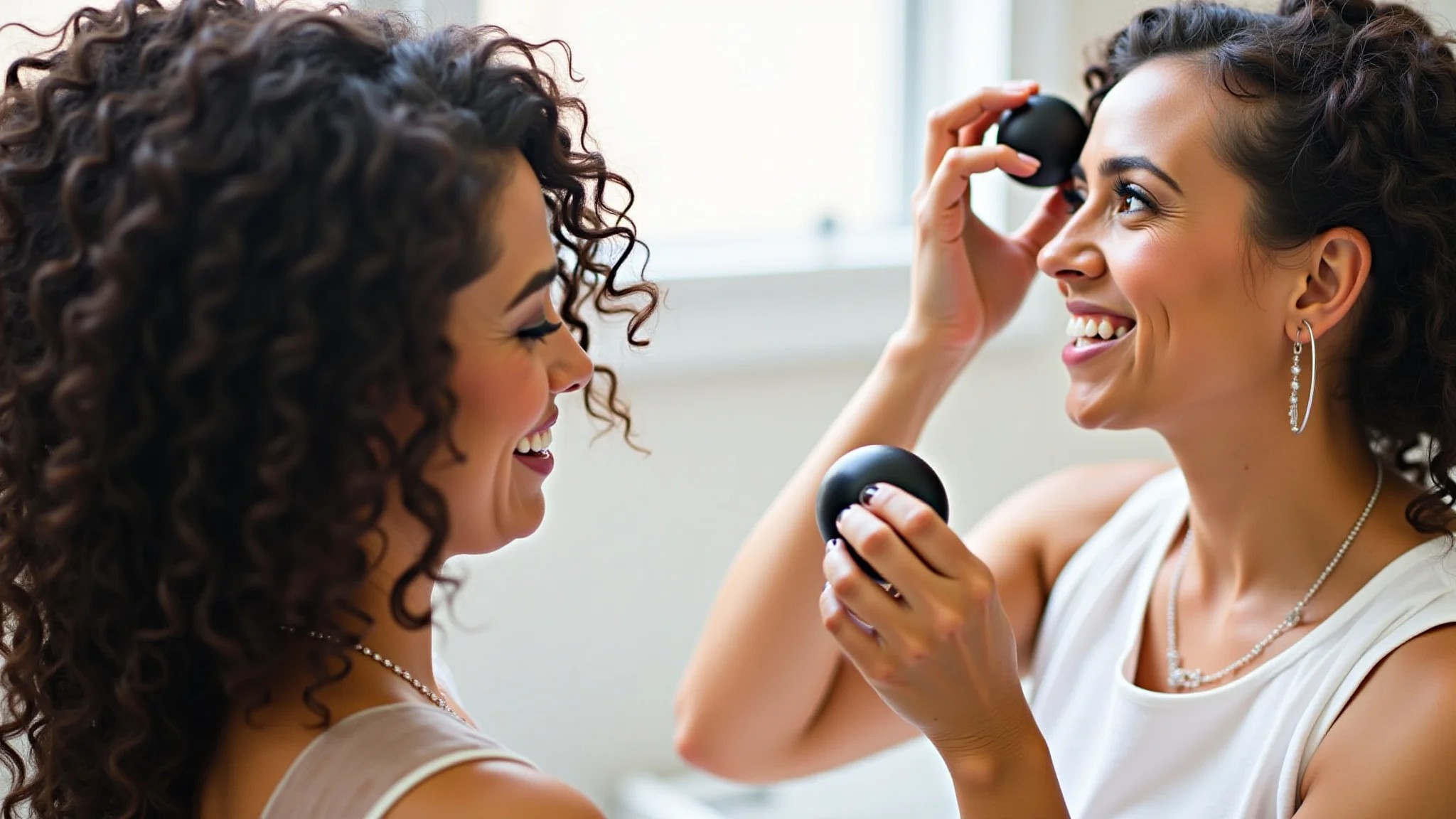 Noiva cacheada se preparando para o casamento, aplicando produto no cabelo, luz interna.