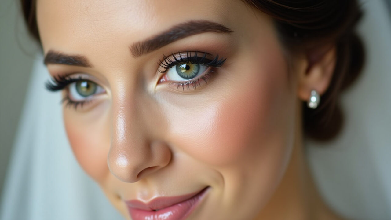 Professional photography of a bride with delicate makeup, focus on prepared skin, natural lighting, Pele preparada de noiva com maquiagem delicada.
