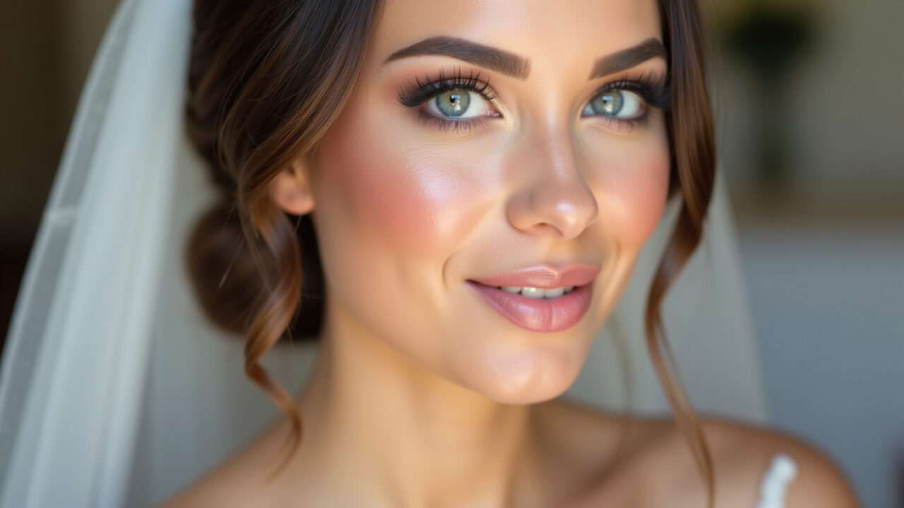 Professional photography of a bride with delicate makeup, rosy blush, healthy glow, 8K quality, Blush rosado em maquiagem delicada de noiva.