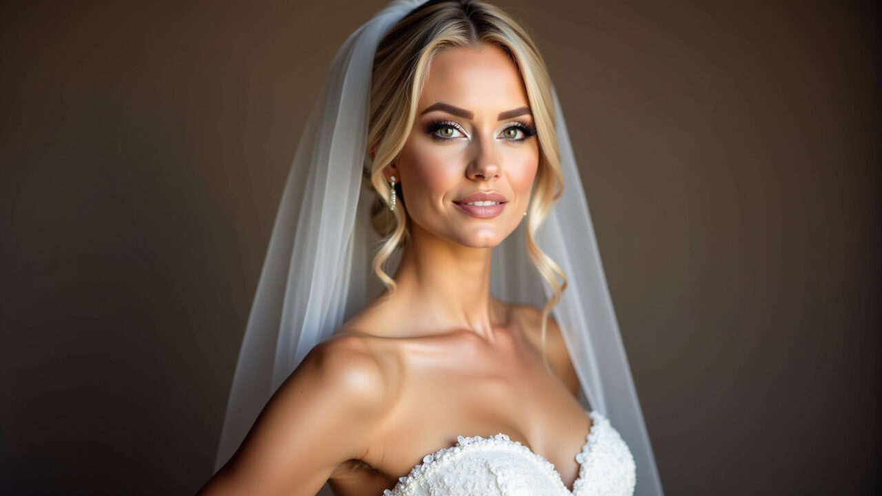 Professional photography of a bride with light foundation, delicate makeup, natural look, 8K Noiva com base leve e maquiagem delicada.