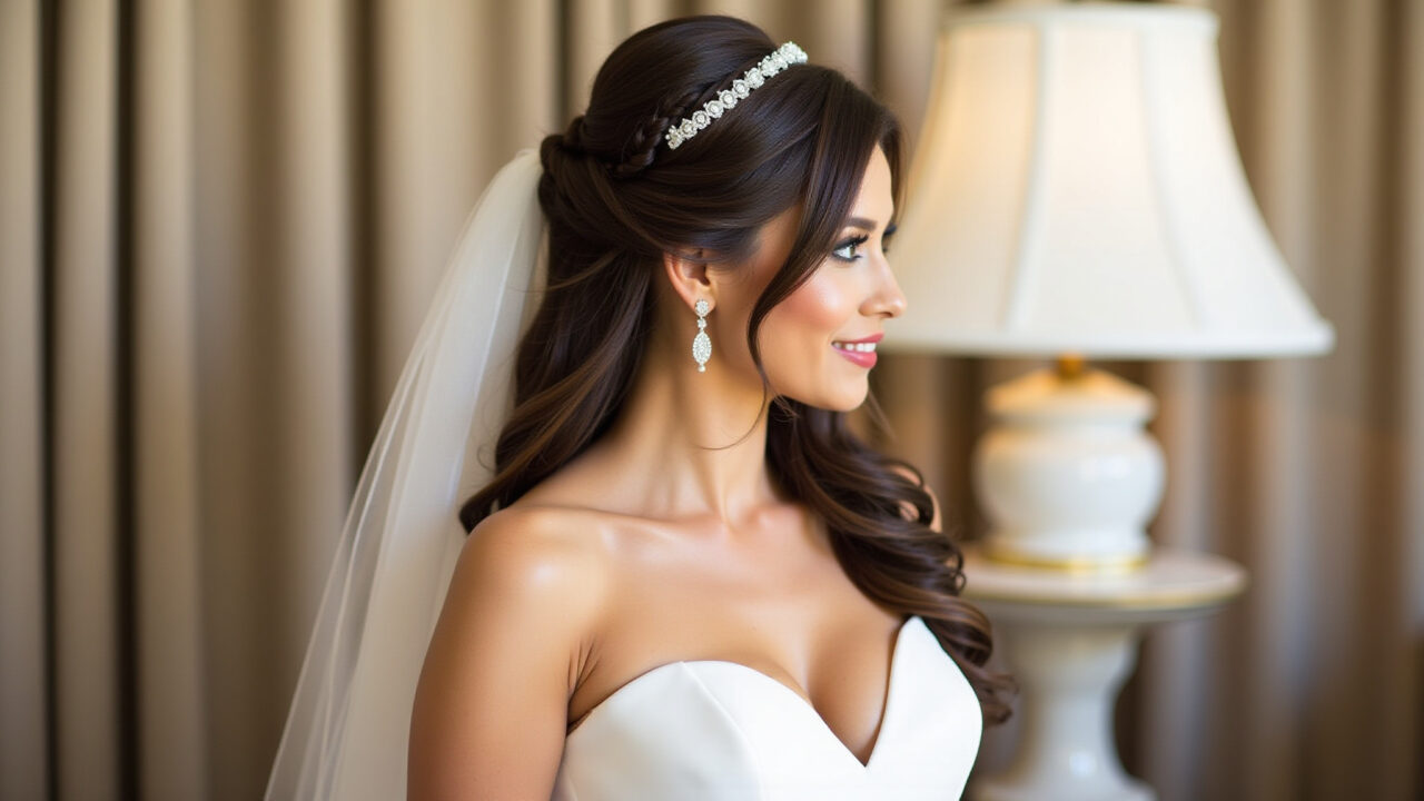 Professional photography of a bride with long, straight hair in a classic updo with a side twist, Noiva com cabelo longo e liso em coque clássico com torcido lateral.