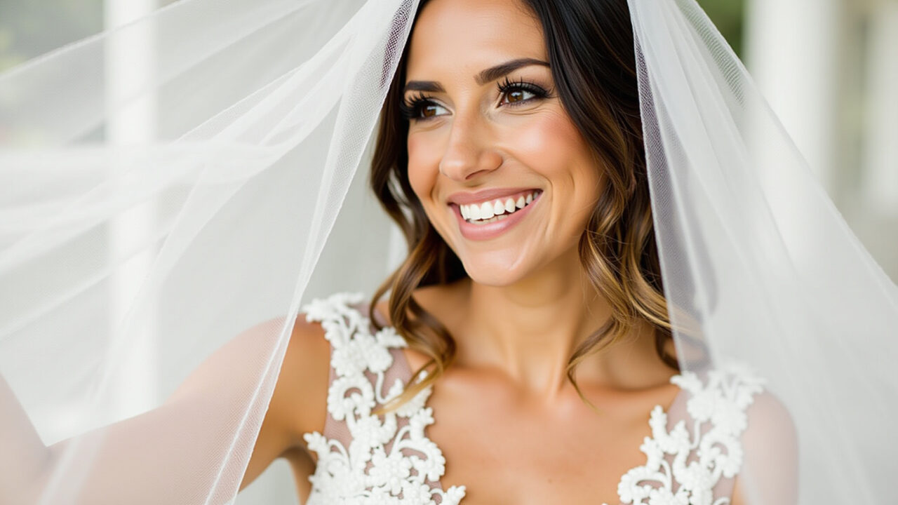 Professional photography of a bride with loose hair and short veil, birdcage veil, natural Noiva com cabelo solto e véu curto.