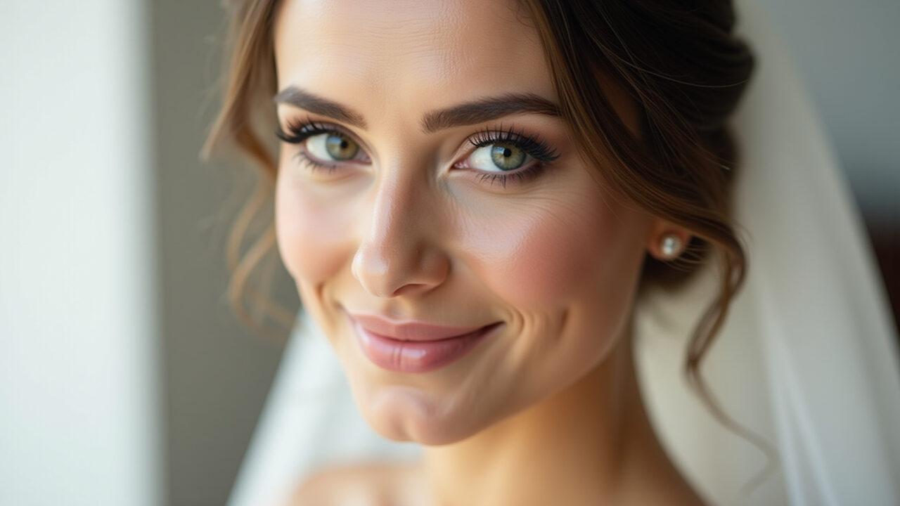 Professional photography of a bride with natural, delicate makeup, luminous skin, soft focus, 8K Noiva com maquiagem natural e pele luminosa.