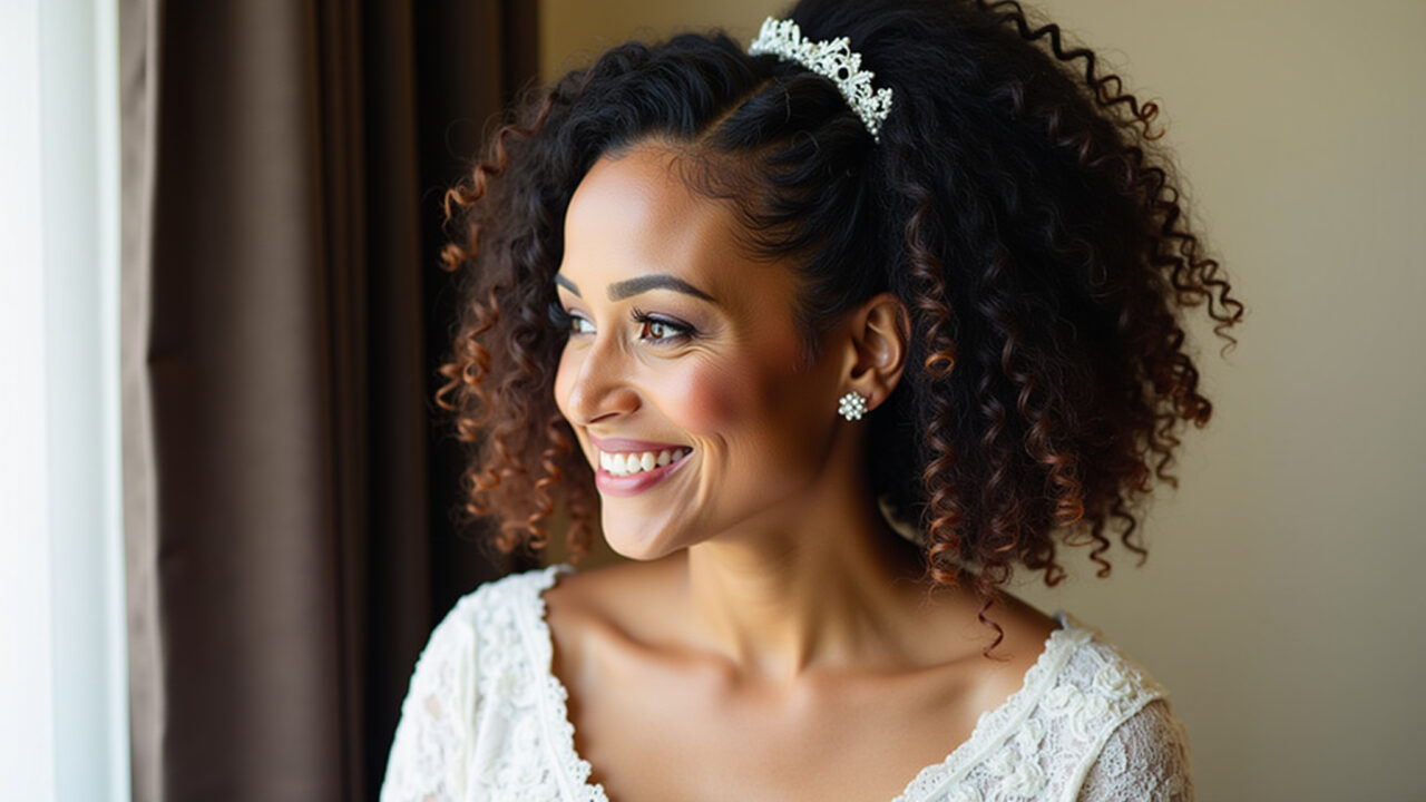 Professional photography of a bride with natural hair texture, defined curls, minimal accessories, Noiva com cabelo solto e textura natural.