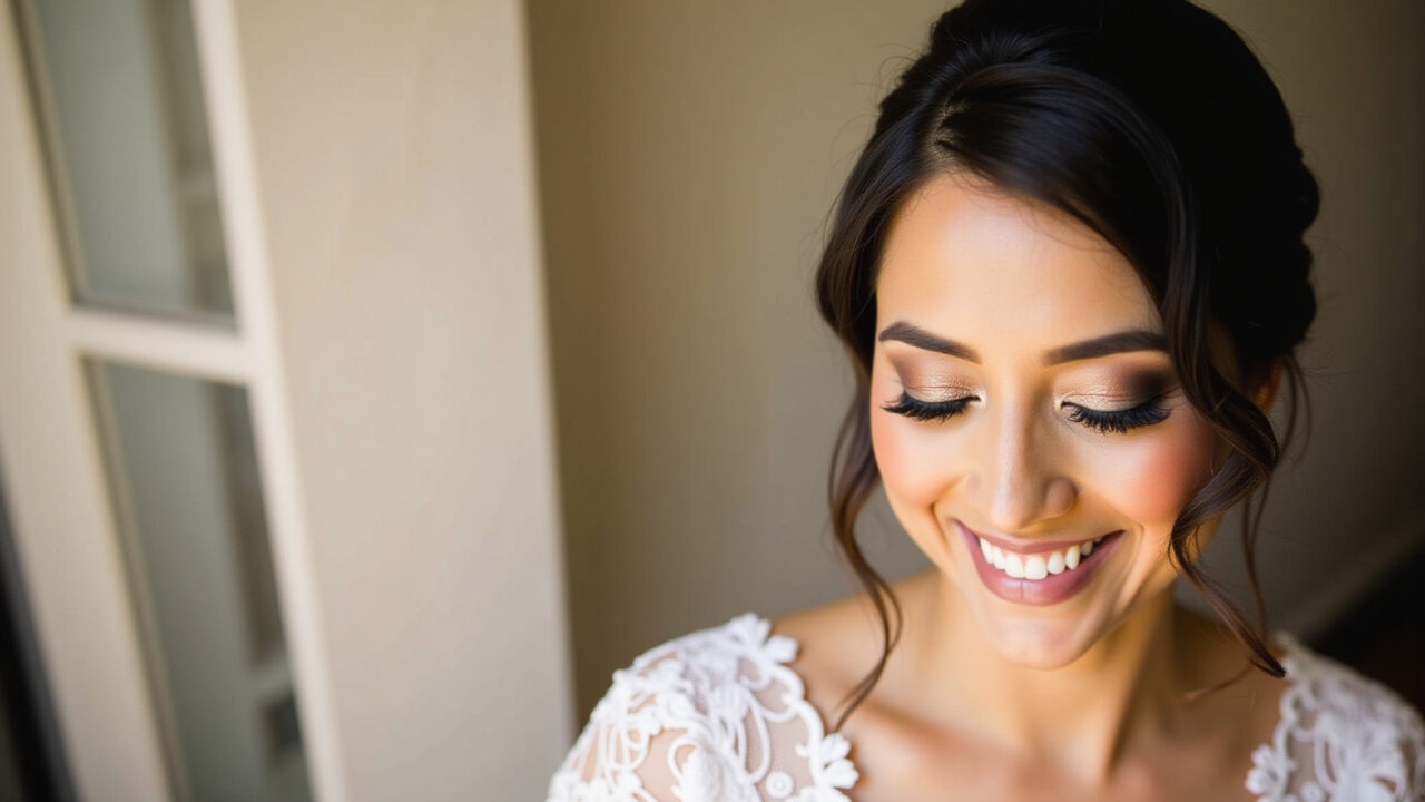 Professional photography of a bride with nude lipstick, elegant and versatile look, natural light, Noiva com batom nude para um visual elegante e versátil.