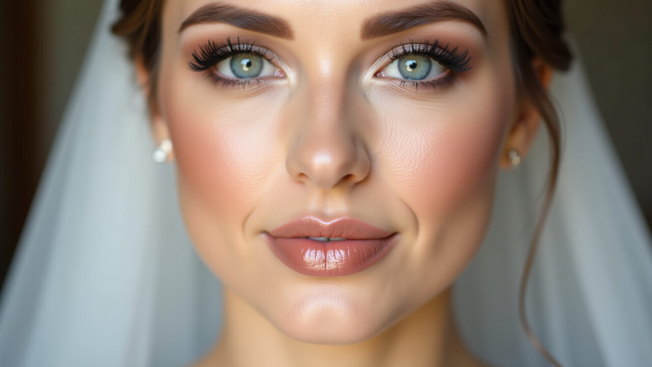 Professional photography of a bride with nude lipstick, glossy finish, hydrated lips, luminous Lábios da noiva com batom nude e acabamento glossy.