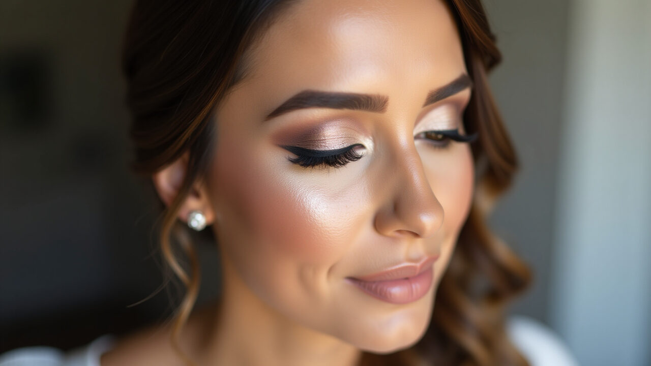 Professional photography of a bride with strategic highlighter, delicate makeup, natural glow, 8K Iluminador estratégico em maquiagem delicada de noiva.