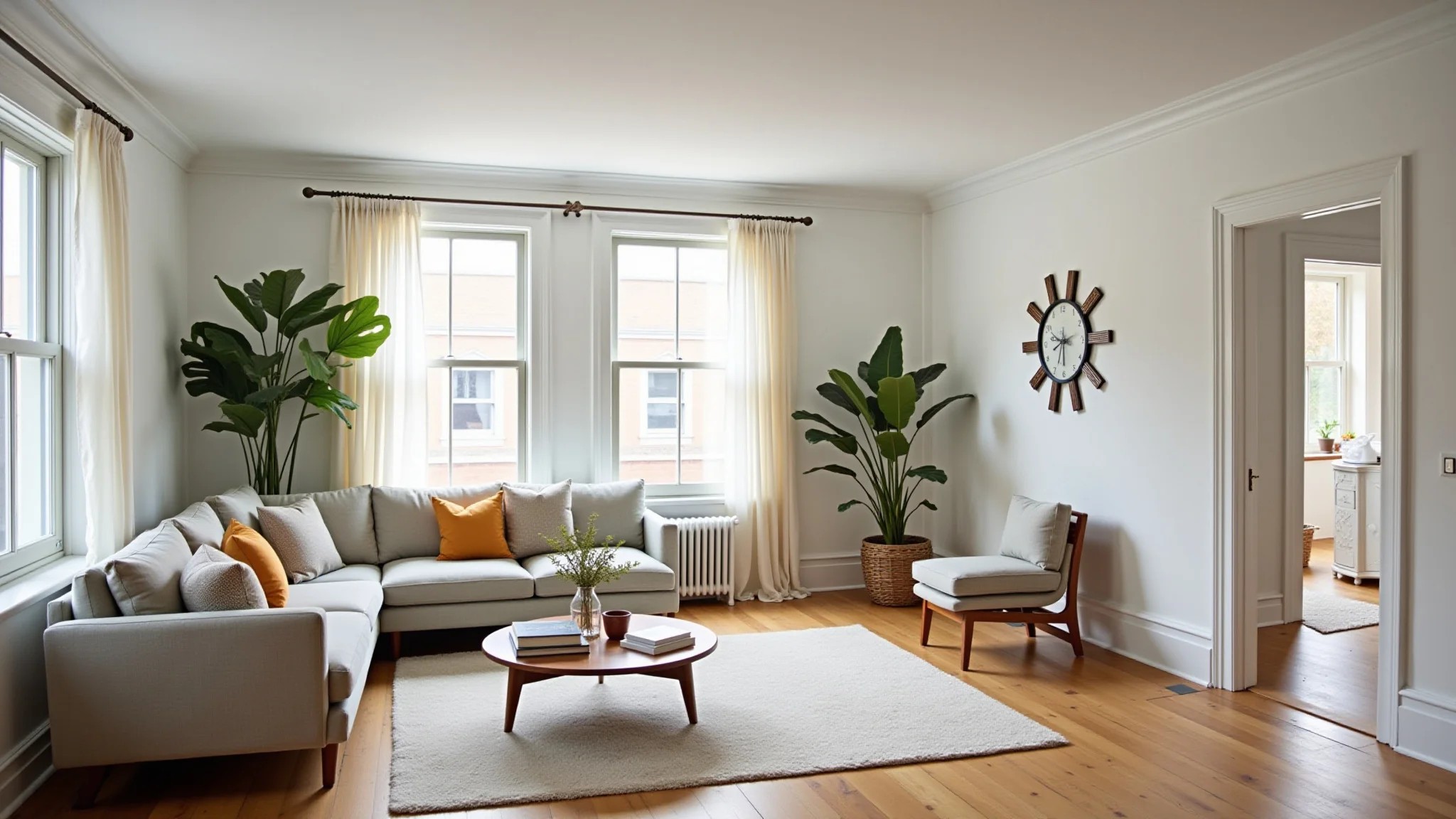 Sala de estar clara e arejada em processo de retrofit, combinando elementos modernos com arquitetura original.