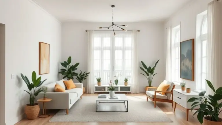 Sala clean e simples com decoração minimalista e iluminação natural.