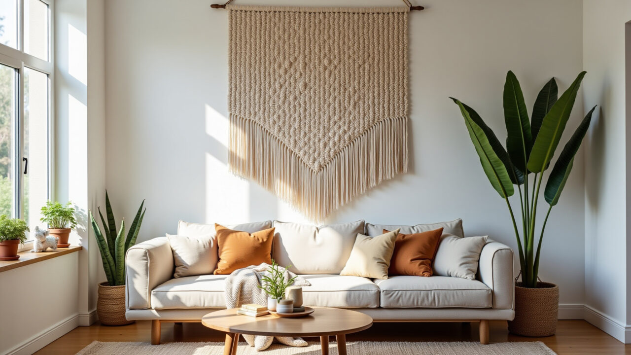 Professional photography of a bright living room featuring a large macrame wall hanging with Sala de estar iluminada com painel de macramê geométrico.
