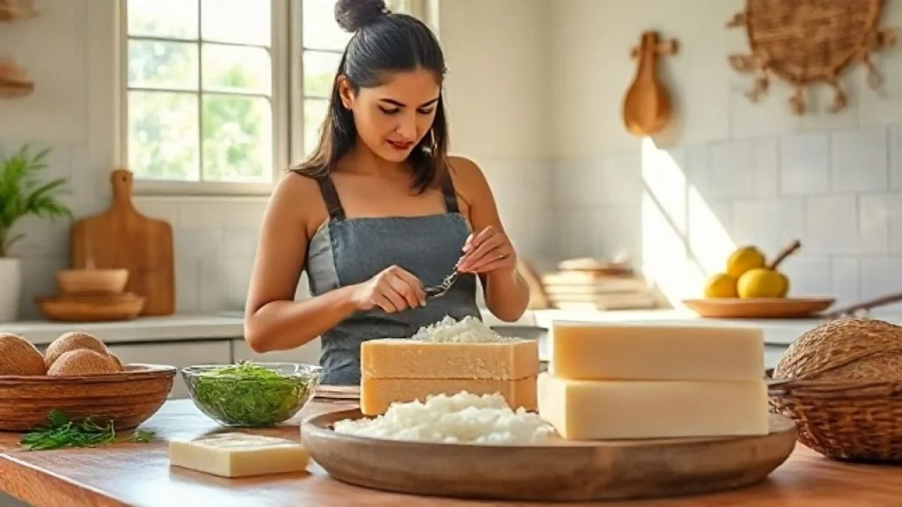 Receita de Sabão de Coco para Fazer em Casa Mulher ralando sabão de coco em cozinha ensolarada para receita caseira. Barras de sabão artesanal.
