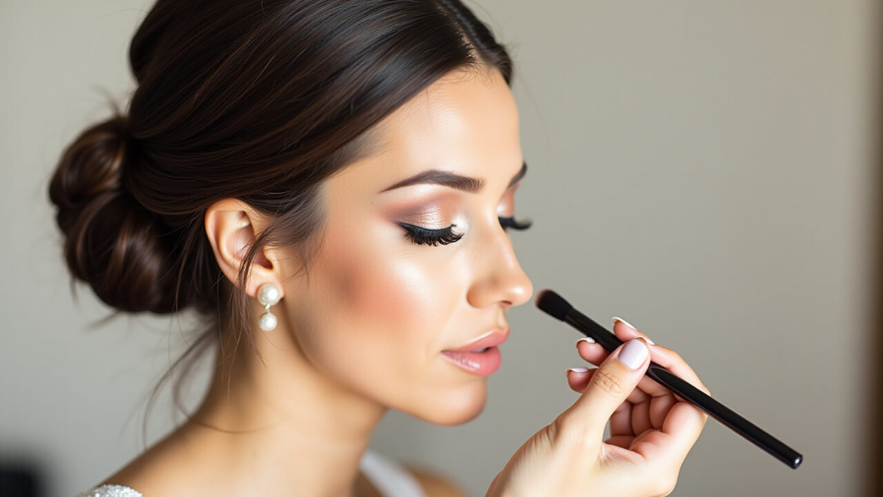 Professional photography of a brunette bride applying contour and highlighter, defining facial Noiva morena aplicando contorno e iluminador para realçar os traços.