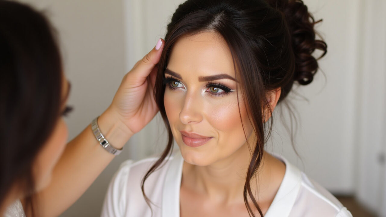 Professional photography of a brunette bride contouring her face, highlighting cheekbones, soft Noiva morena contornando o rosto para realçar os traços.