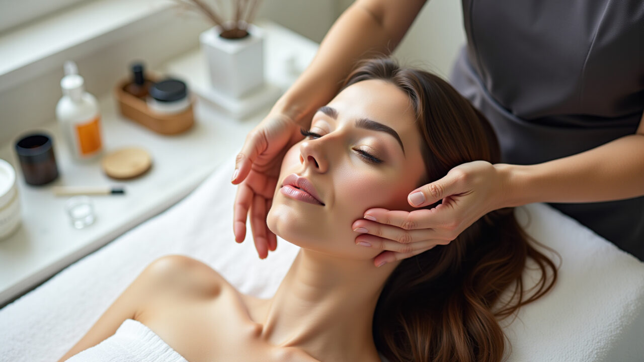 Professional photography of a brunette bride receiving skin preparation with facial massage, Noiva morena preparando a pele para a maquiagem do casamento.