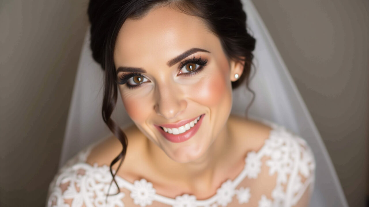 Professional photography of a brunette bride with radiant eyes, soft brown eyeshadow, subtle cat Olhos radiantes de uma noiva morena com maquiagem suave.