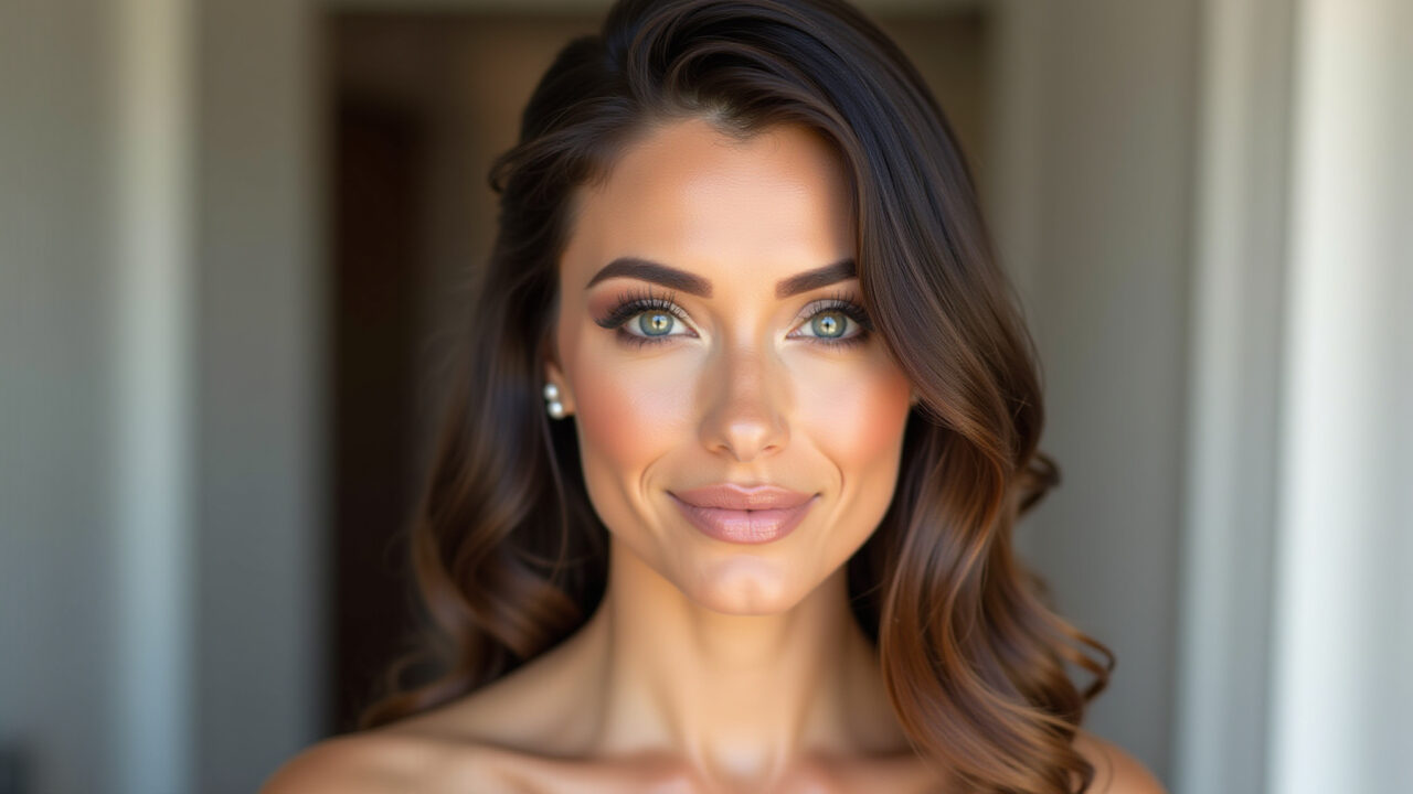 Professional photography of a brunette bride with peach blush and contouring, natural lighting, Noiva morena com blush pêssego e contorno suave.