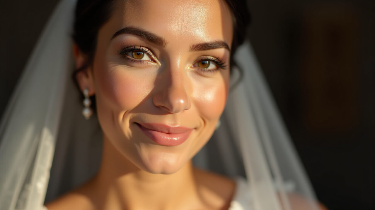 Professional photography of a brunette bride with golden highlighter, natural lighting, radiant Noiva morena com iluminador dourado, pele radiante.