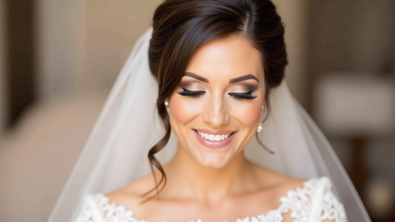 Professional photography of a brunette bride with smoky eye makeup in brown and gold tones, Maquiagem de olhos marcante para noiva morena à noite.