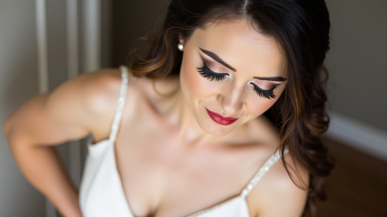 Professional photography of a brunette bride with red lipstick, soft eye makeup, elegant evening Noiva morena com batom vermelho e maquiagem suave nos olhos.